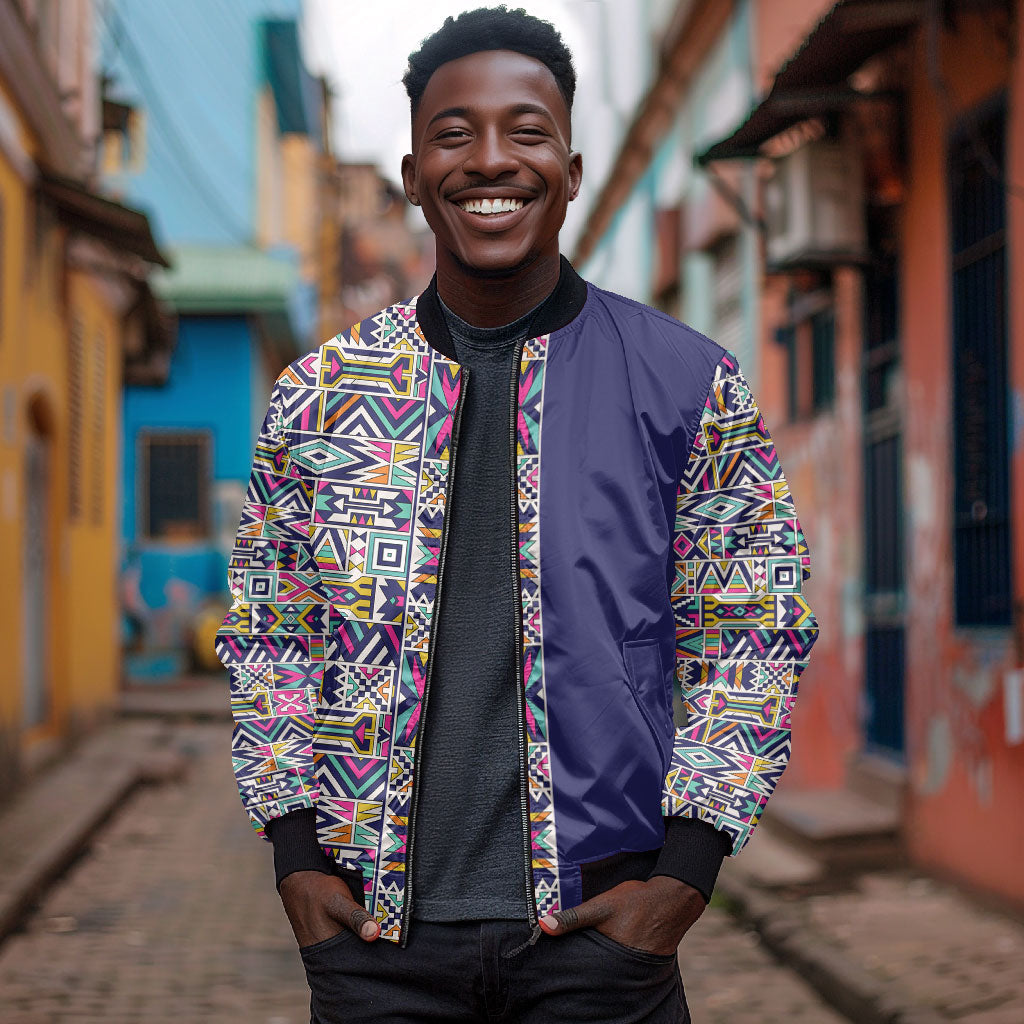 African Ndebele Art Patterns Bomber Jacket Navy Blue Half Style