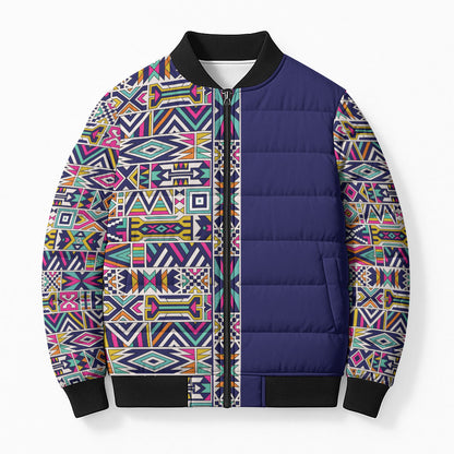 African Ndebele Art Patterns Bomber Puffer Jacket Navy Blue Half Style