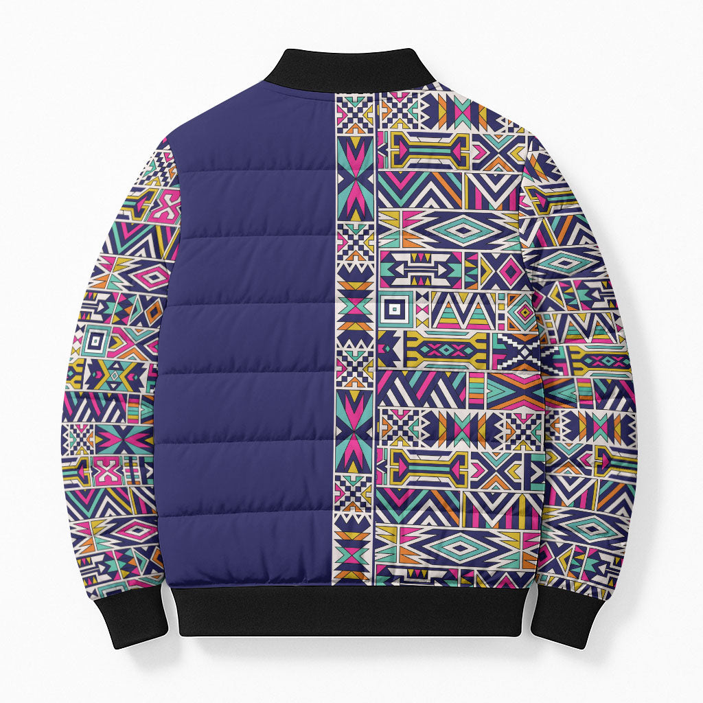 African Ndebele Art Patterns Bomber Puffer Jacket Navy Blue Half Style