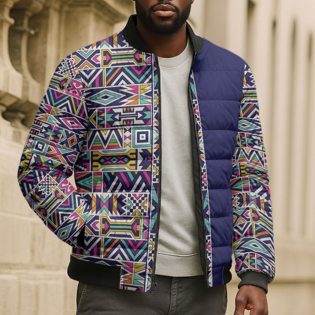 African Ndebele Art Patterns Bomber Puffer Jacket Navy Blue Half Style