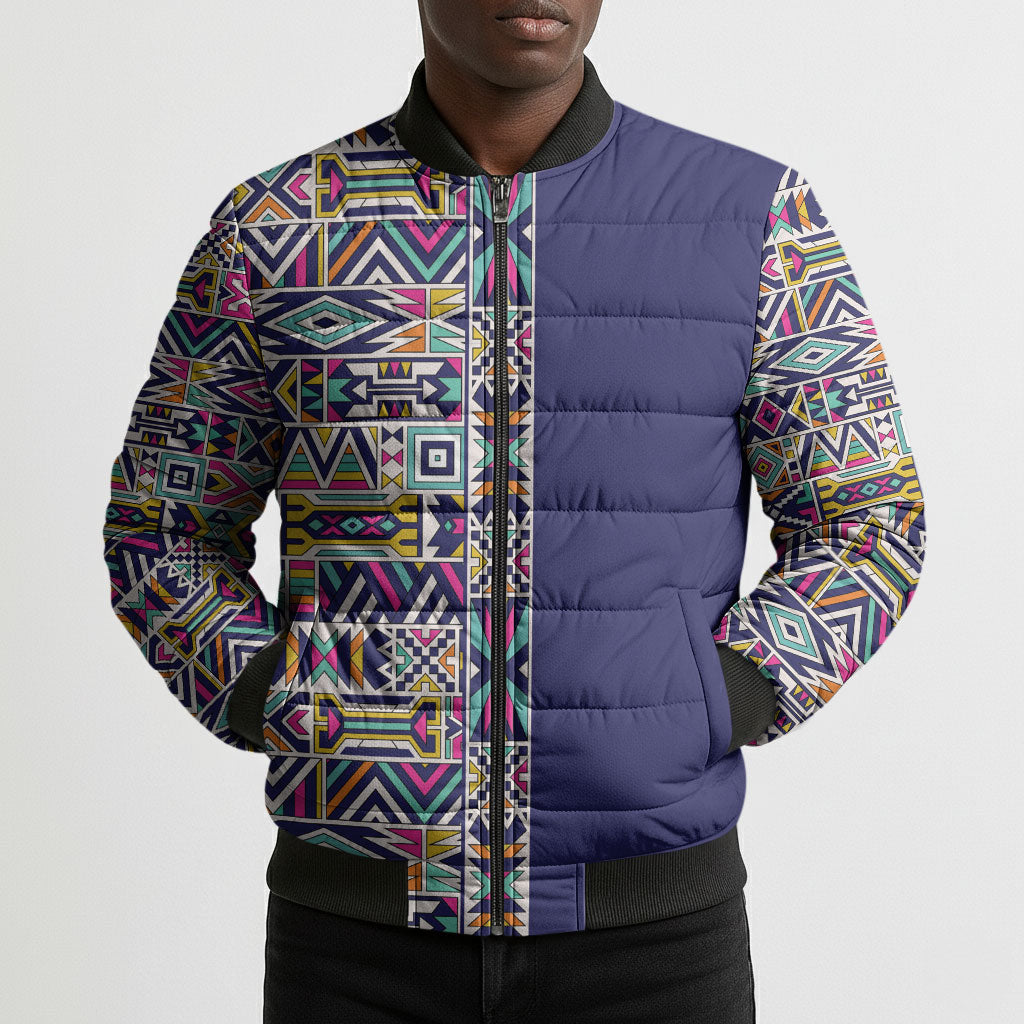 African Ndebele Art Patterns Bomber Puffer Jacket Navy Blue Half Style