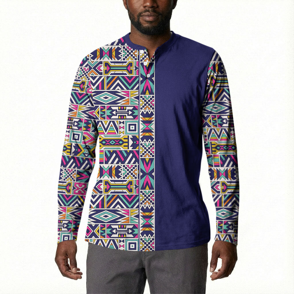 African Ndebele Art Patterns Button Sweatshirt Navy Blue Half Style