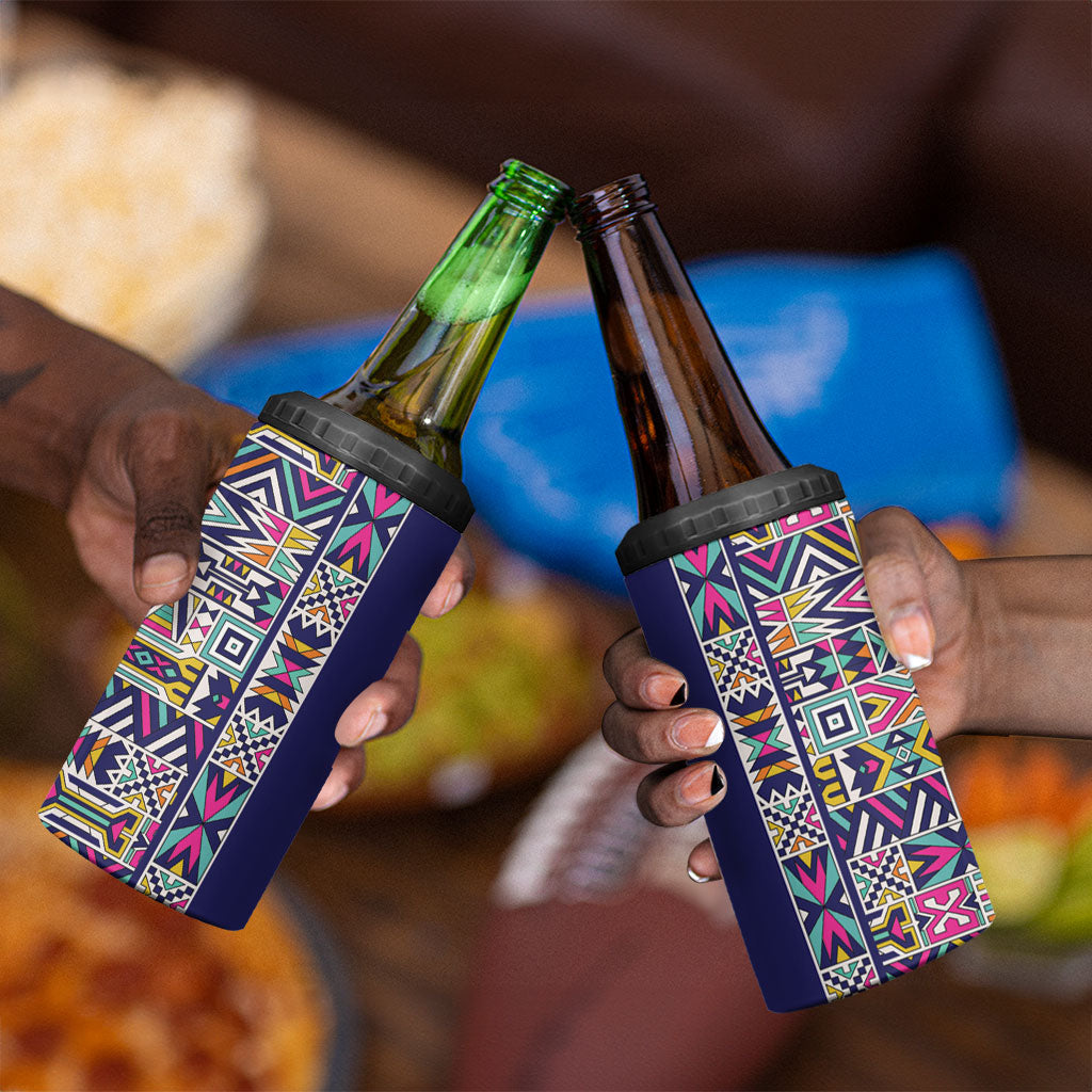 African Ndebele Art Patterns 4 in 1 Can Cooler Tumbler Navy Blue Half Style