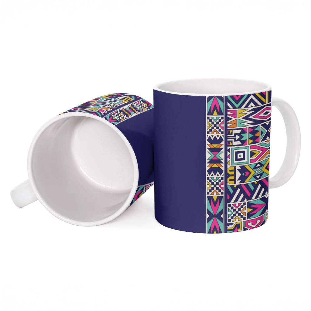 African Ndebele Art Patterns Ceramic Mug Navy Blue Half Style