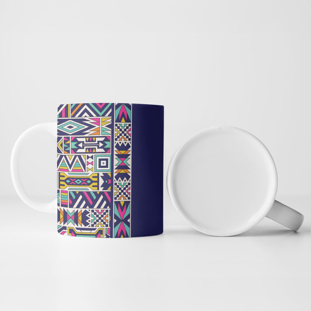 African Ndebele Art Patterns Ceramic Mug Navy Blue Half Style