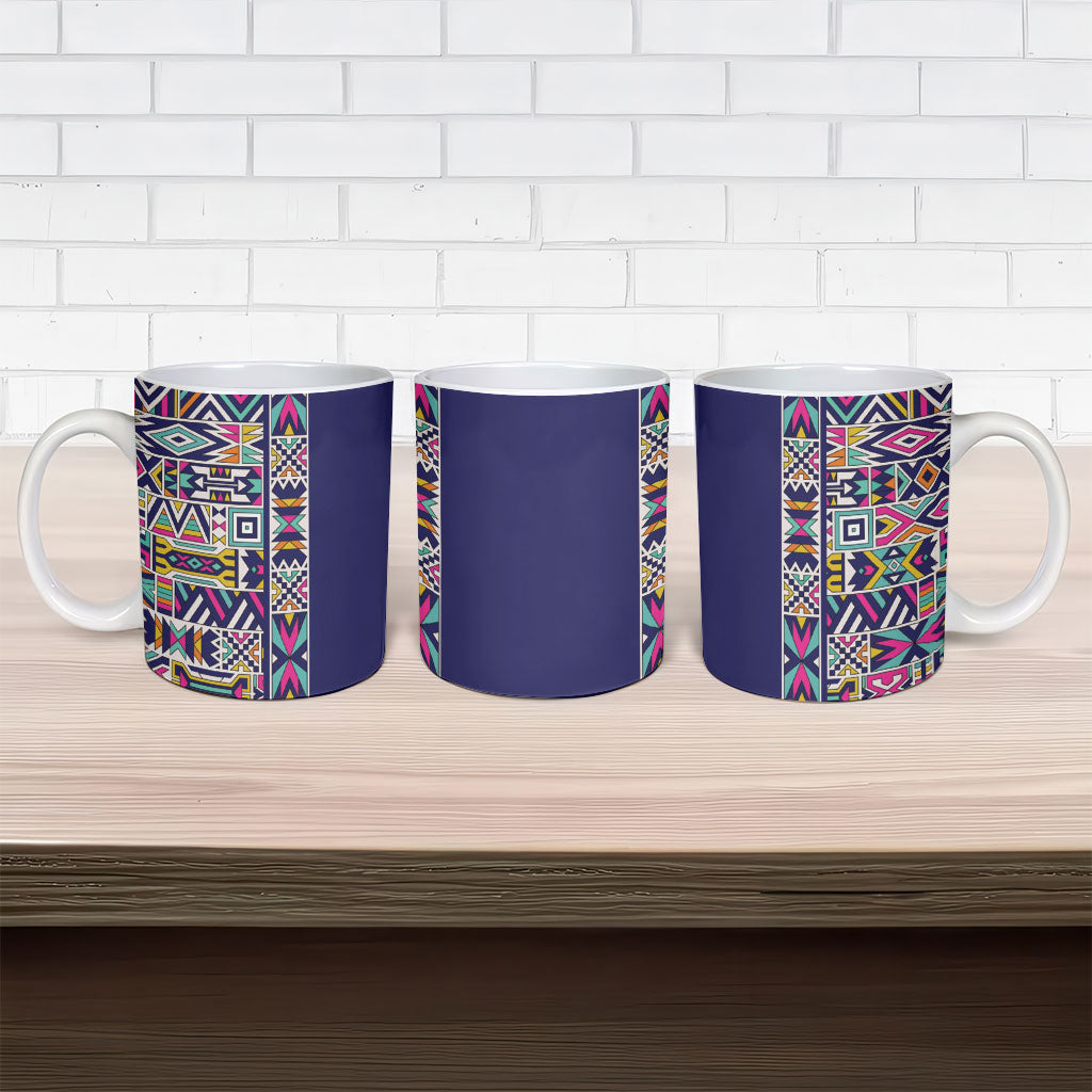 African Ndebele Art Patterns Ceramic Mug Navy Blue Half Style
