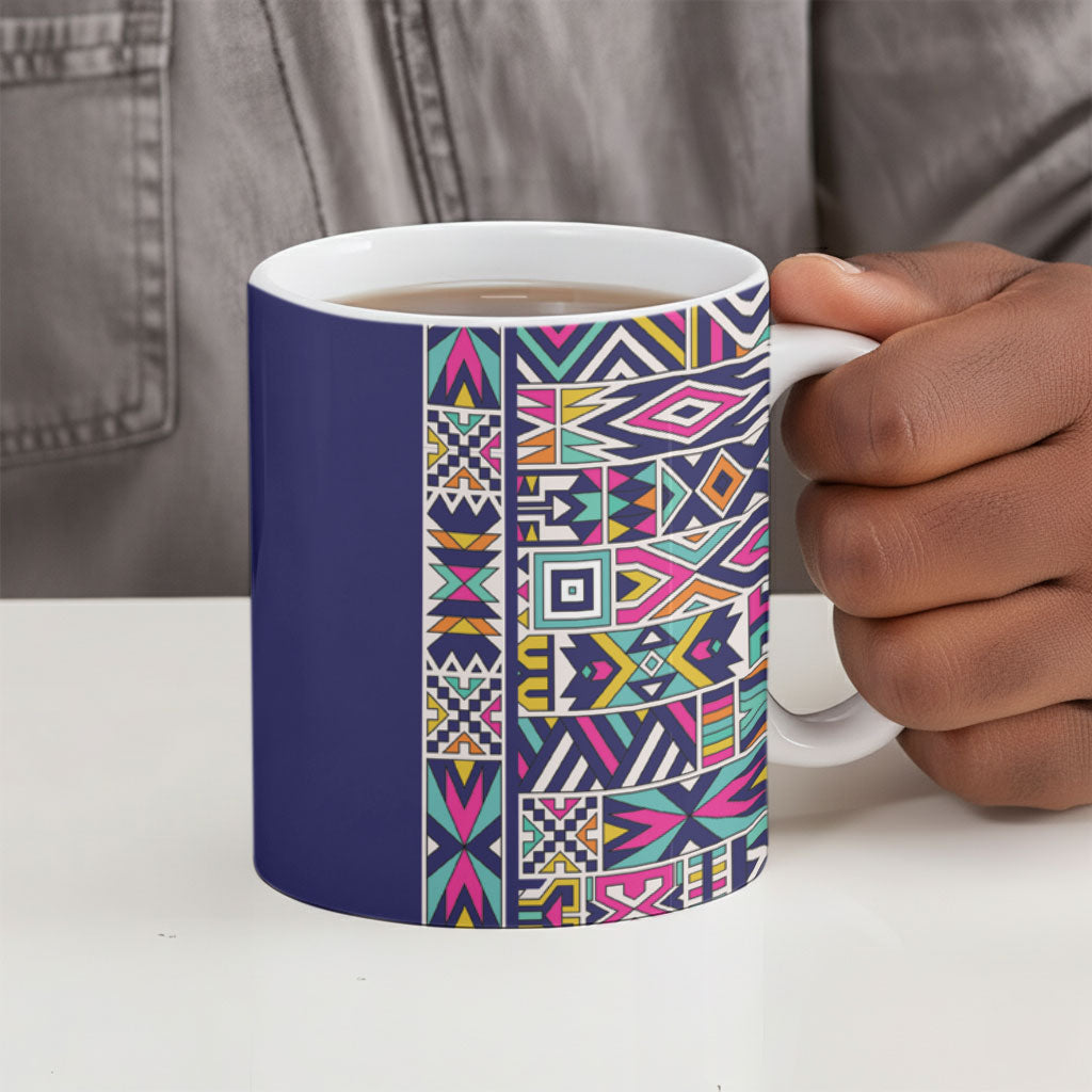 African Ndebele Art Patterns Ceramic Mug Navy Blue Half Style