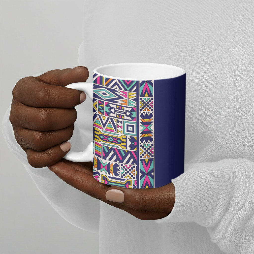 African Ndebele Art Patterns Ceramic Mug Navy Blue Half Style