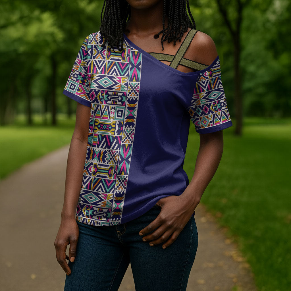 African Ndebele Art Patterns Cross Shoulder Shirt Navy Blue Half Style