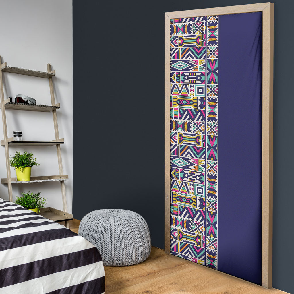 African Ndebele Art Patterns Door Cover Navy Blue Half Style
