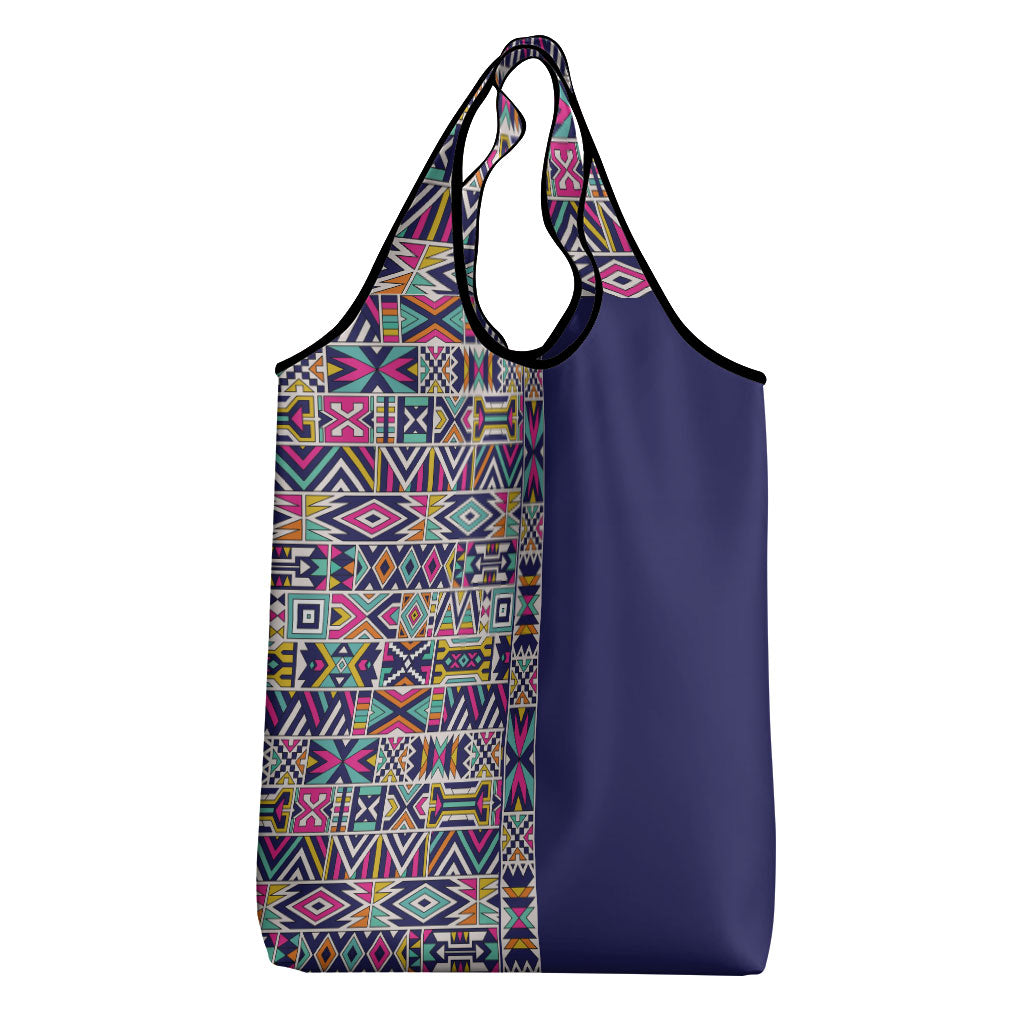 African Ndebele Art Patterns Grocery Bag Navy Blue Half Style