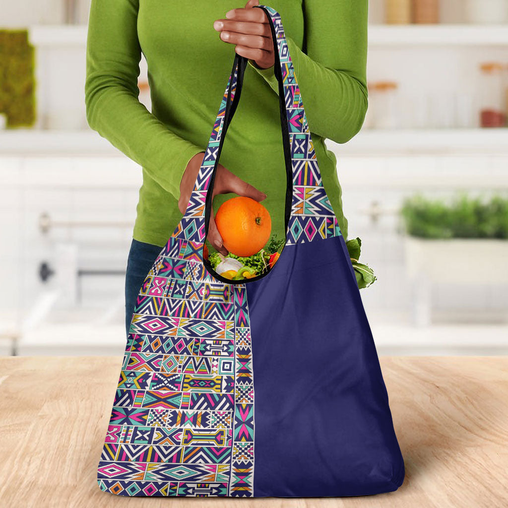 African Ndebele Art Patterns Grocery Bag Navy Blue Half Style
