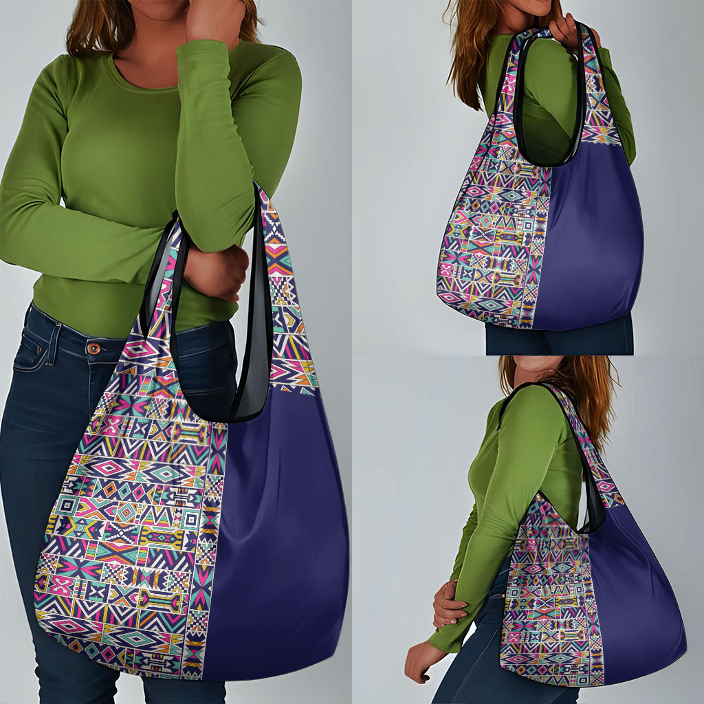 African Ndebele Art Patterns Grocery Bag Navy Blue Half Style