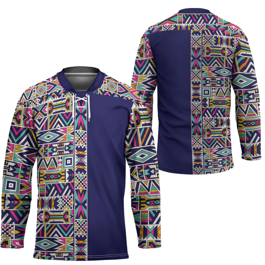 African Ndebele Art Patterns Hockey Jersey Navy Blue Half Style