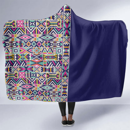 African Ndebele Art Patterns Hooded Blanket Navy Blue Half Style