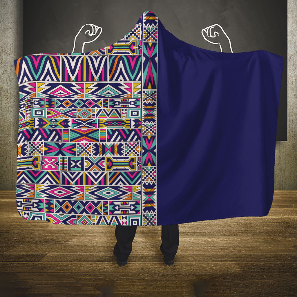 African Ndebele Art Patterns Hooded Blanket Navy Blue Half Style