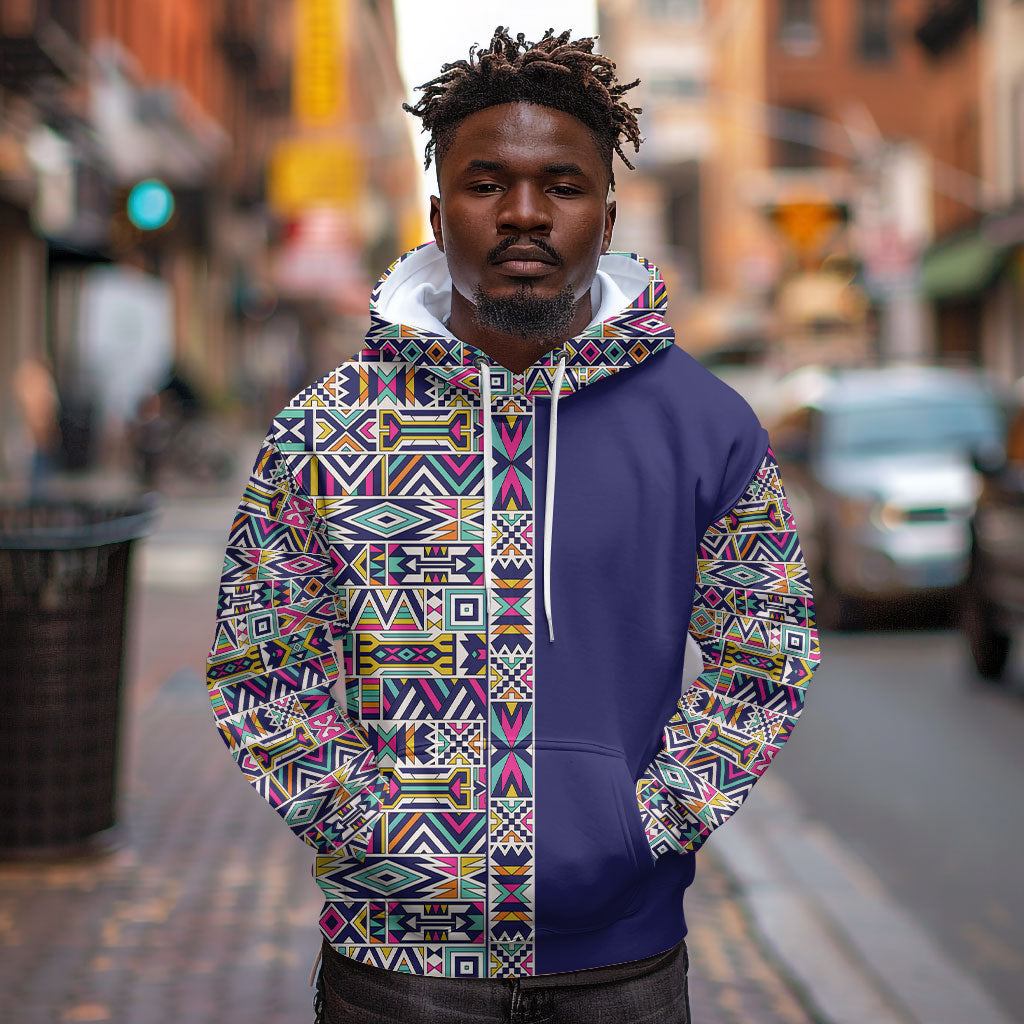 African Ndebele Art Patterns Hoodie Navy Blue Half Style