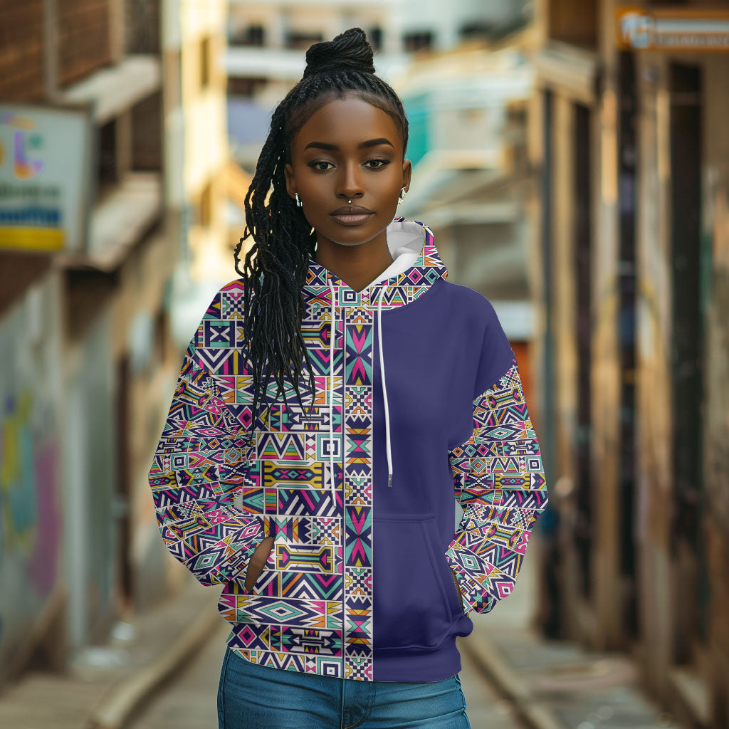 African Ndebele Art Patterns Hoodie Navy Blue Half Style