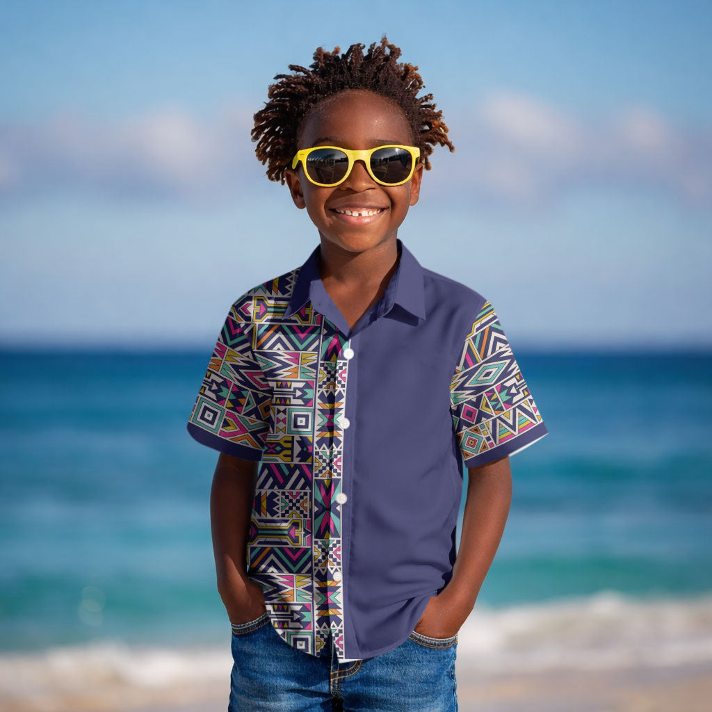 African Ndebele Art Patterns Kid Hawaiian Shirt Navy Blue Half Style