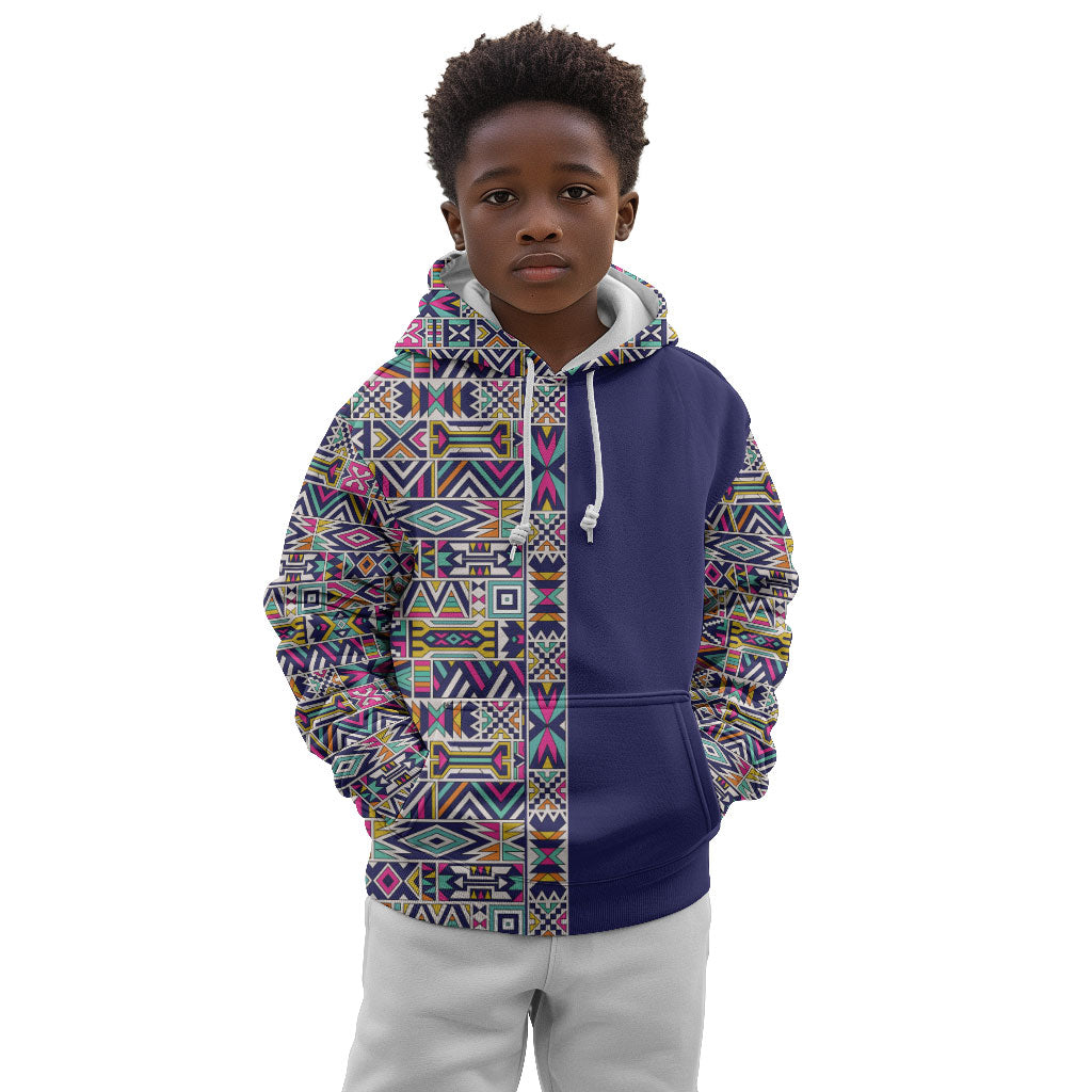 African Ndebele Art Patterns Kid Hoodie Navy Blue Half Style