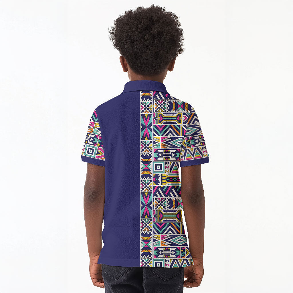 African Ndebele Art Patterns Kid Polo Shirt Navy Blue Half Style