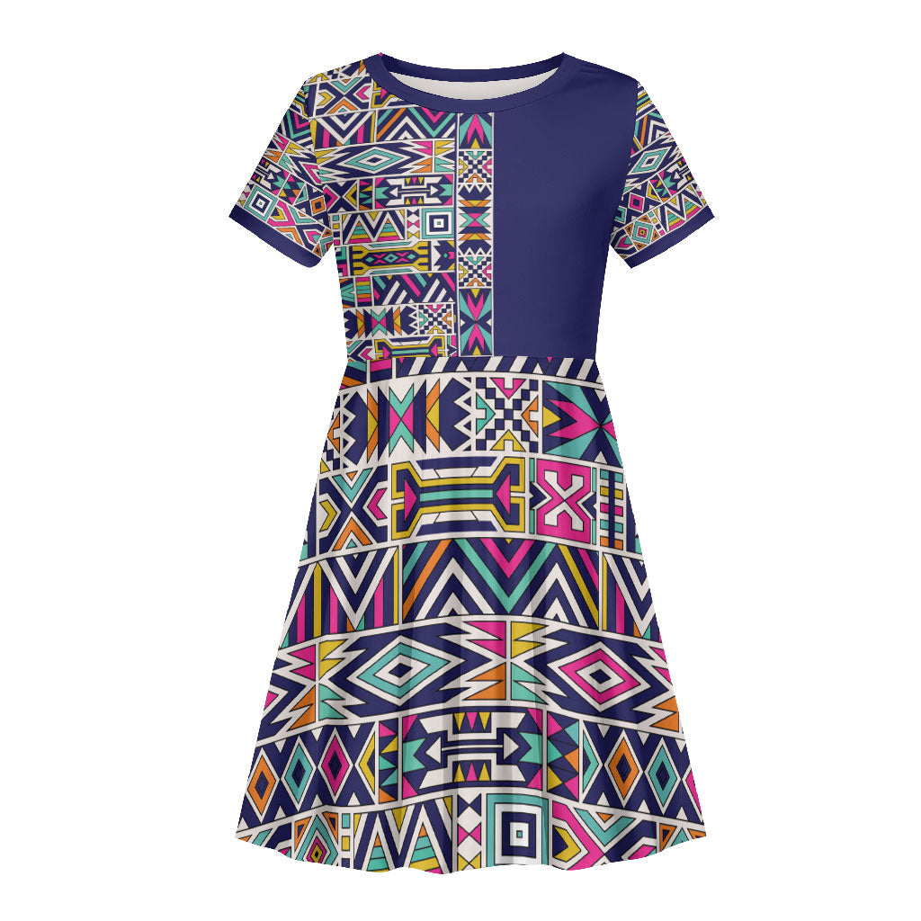 African Ndebele Art Patterns Kid Short Sleeve Dress Navy Blue Half Style