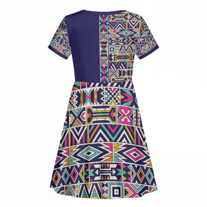 African Ndebele Art Patterns Kid Short Sleeve Dress Navy Blue Half Style