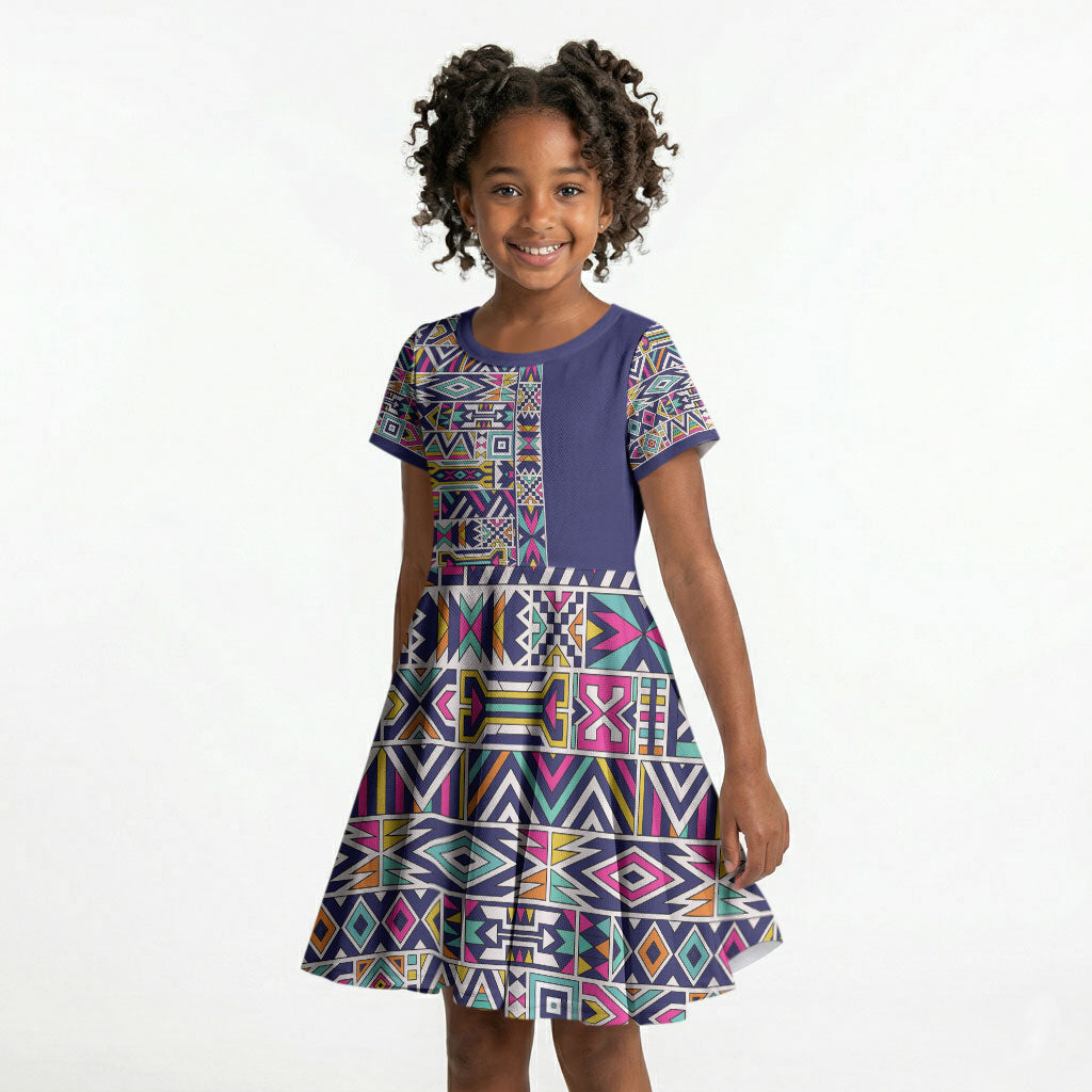 African Ndebele Art Patterns Kid Short Sleeve Dress Navy Blue Half Style