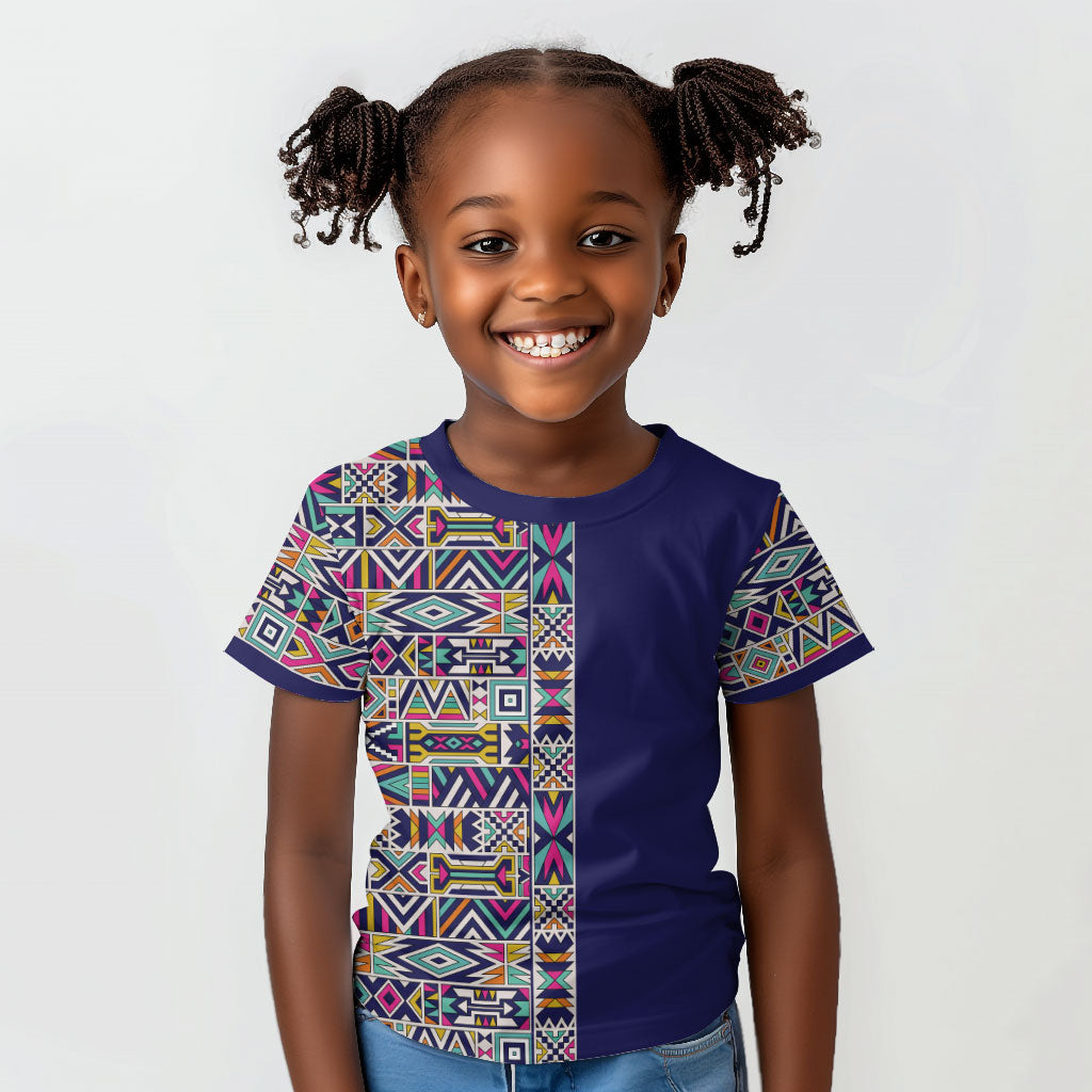 African Ndebele Art Patterns Kid T shirt Navy Blue Half Style