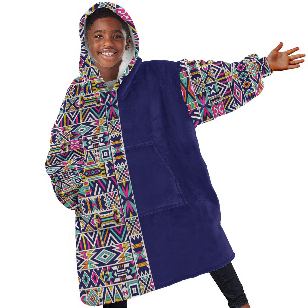 African Ndebele Art Patterns Kid Wearable Blanket Hoodie Navy Blue Half Style