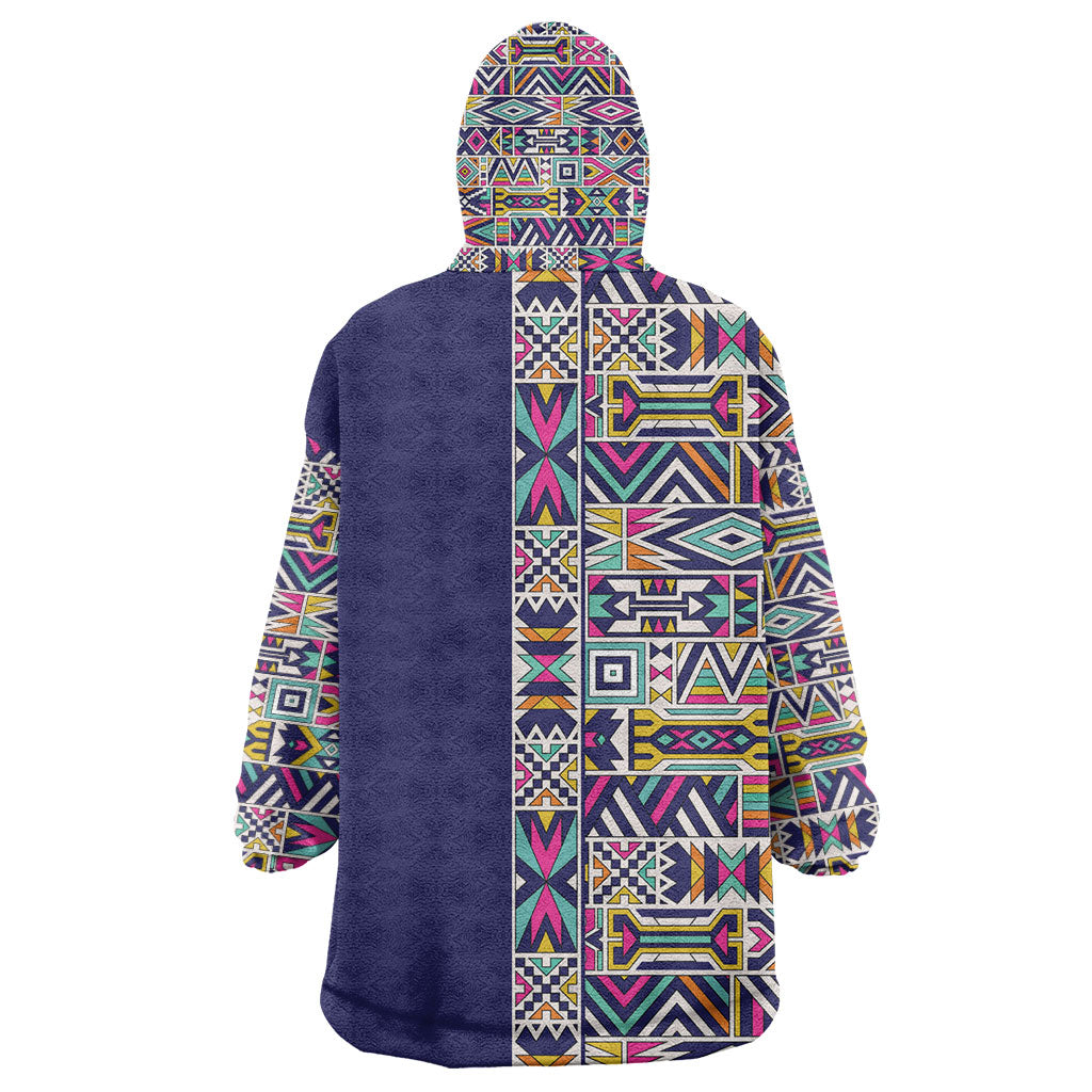 African Ndebele Art Patterns Kid Wearable Blanket Hoodie Navy Blue Half Style