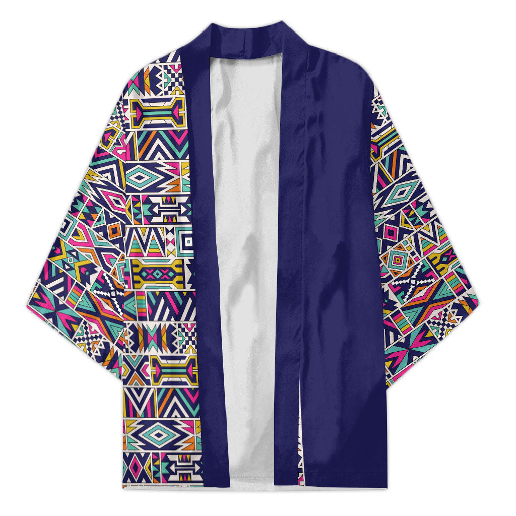 African Ndebele Art Patterns Kimono Navy Blue Half Style