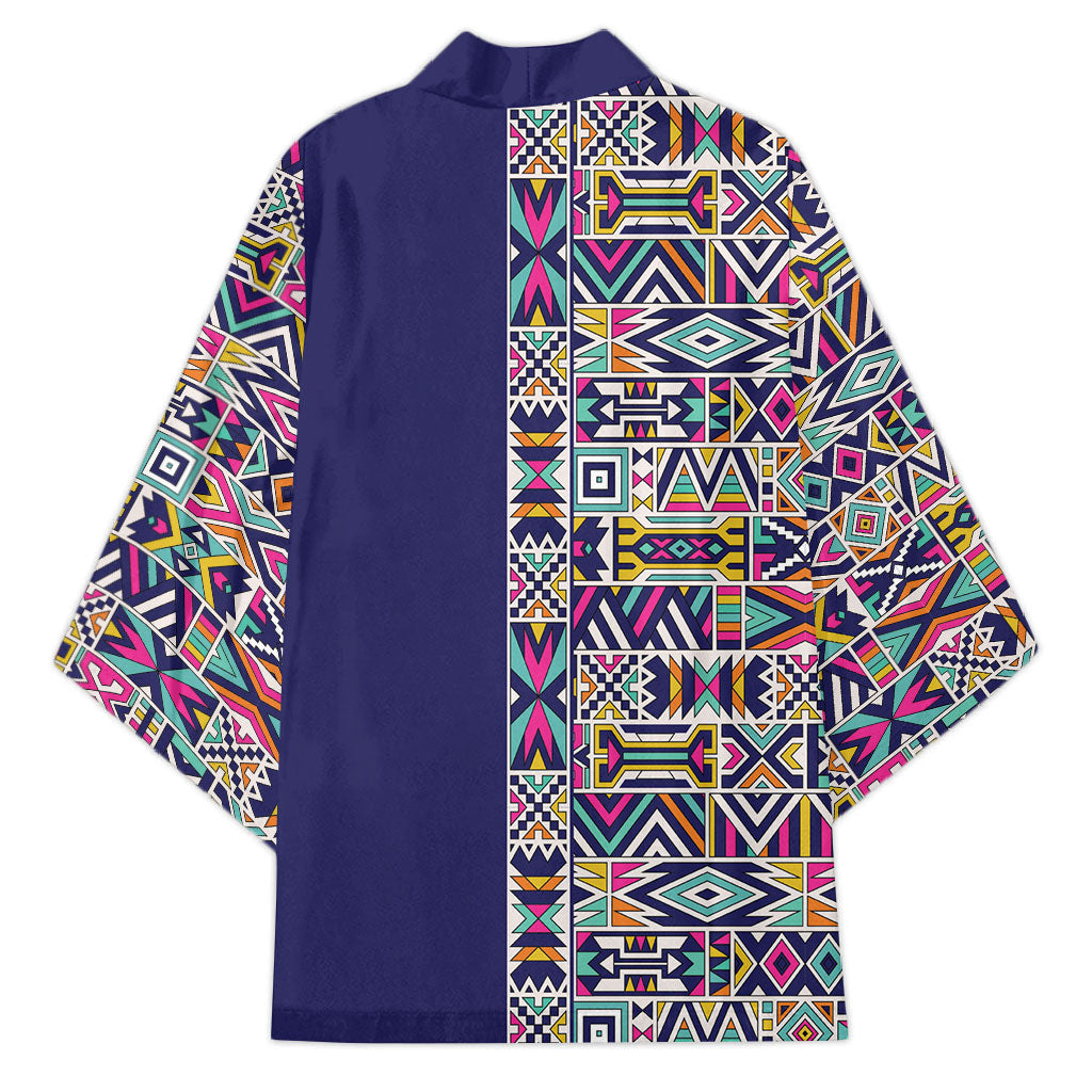 African Ndebele Art Patterns Kimono Navy Blue Half Style