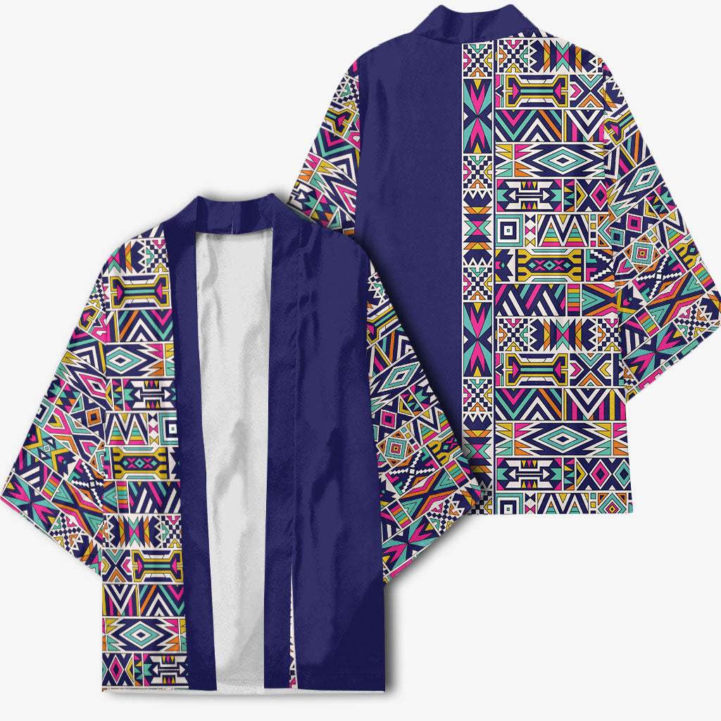 African Ndebele Art Patterns Kimono Navy Blue Half Style