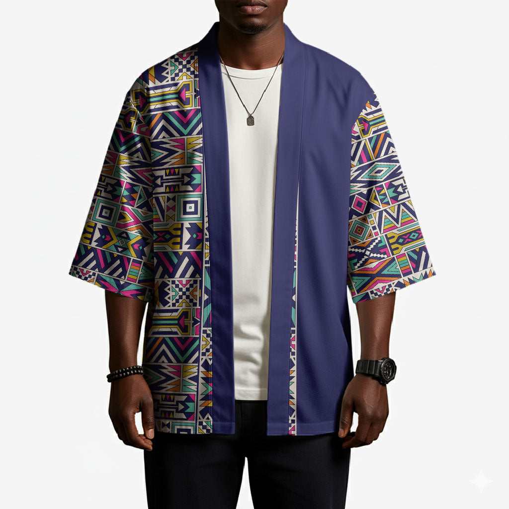 African Ndebele Art Patterns Kimono Navy Blue Half Style