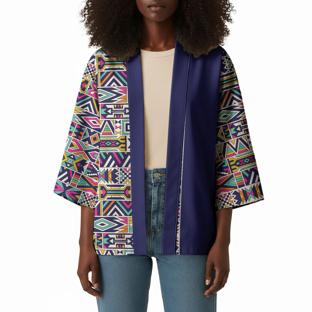 African Ndebele Art Patterns Kimono Navy Blue Half Style