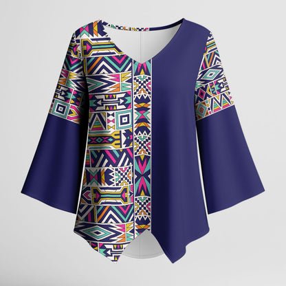African Ndebele Art Patterns Kimono Sleeve Blouse Navy Blue Half Style
