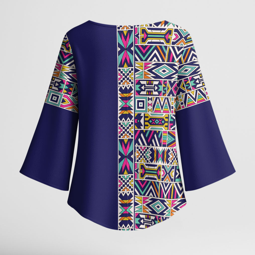 African Ndebele Art Patterns Kimono Sleeve Blouse Navy Blue Half Style