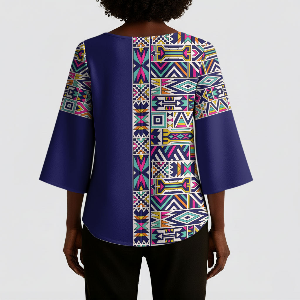 African Ndebele Art Patterns Kimono Sleeve Blouse Navy Blue Half Style