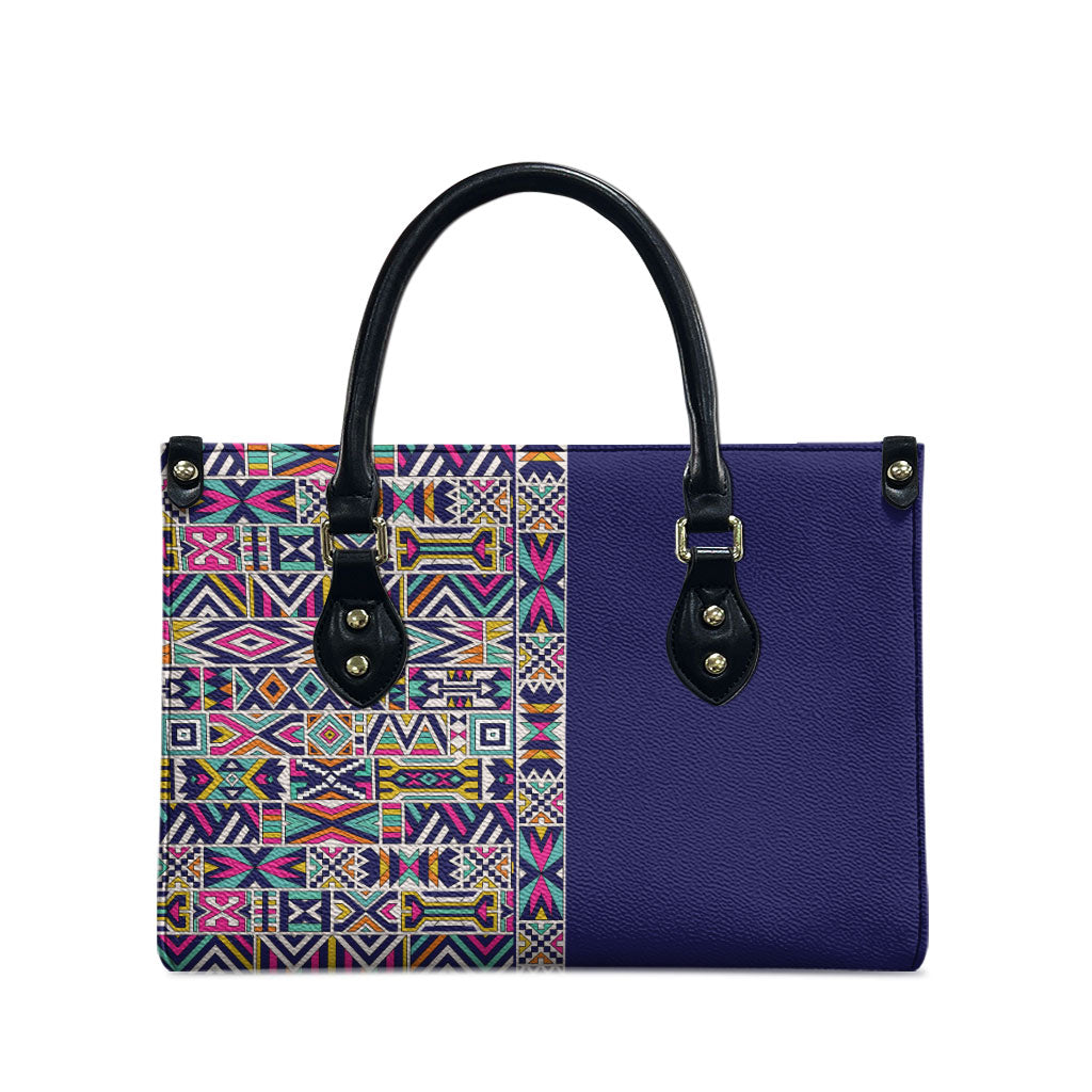 African Ndebele Art Patterns Leather Bag Navy Blue Half Style
