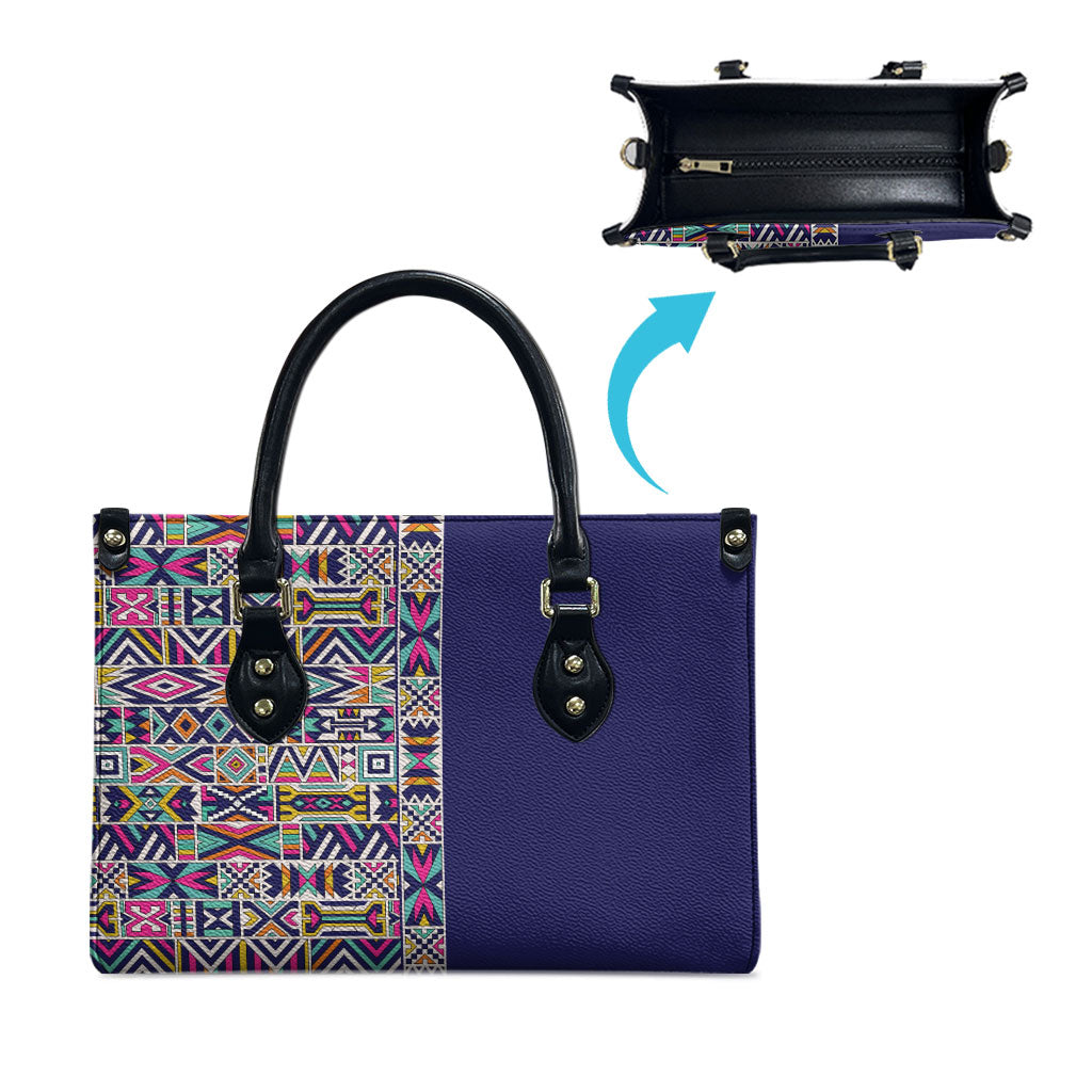 African Ndebele Art Patterns Leather Bag Navy Blue Half Style