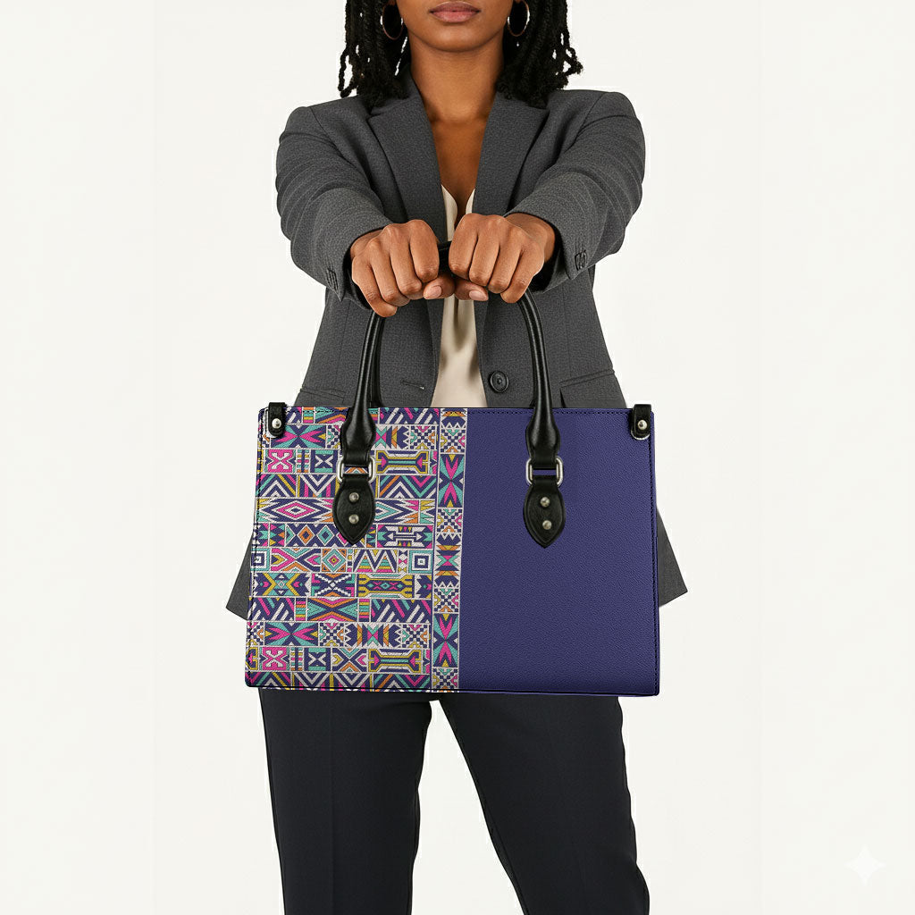 African Ndebele Art Patterns Leather Bag Navy Blue Half Style