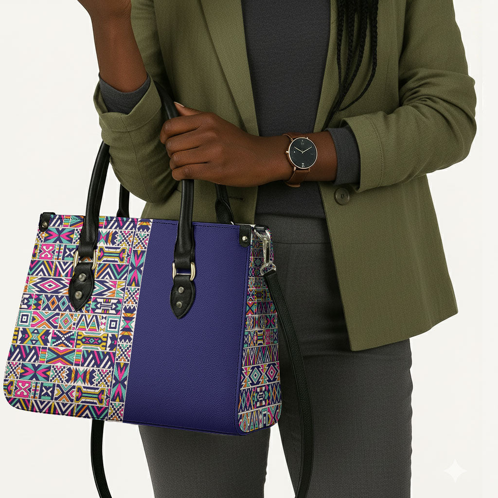 African Ndebele Art Patterns Leather Bag Navy Blue Half Style