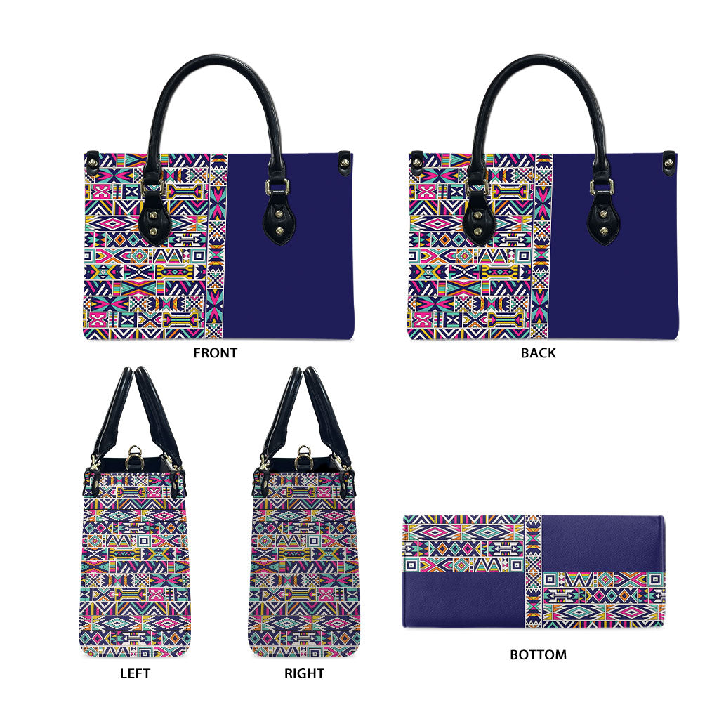 African Ndebele Art Patterns Leather Bag Navy Blue Half Style