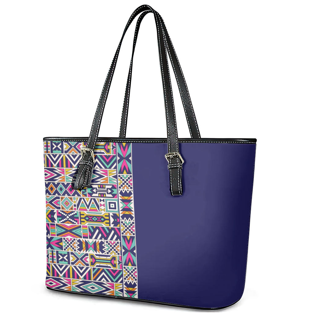 African Ndebele Art Patterns Leather Tote Bag Navy Blue Half Style