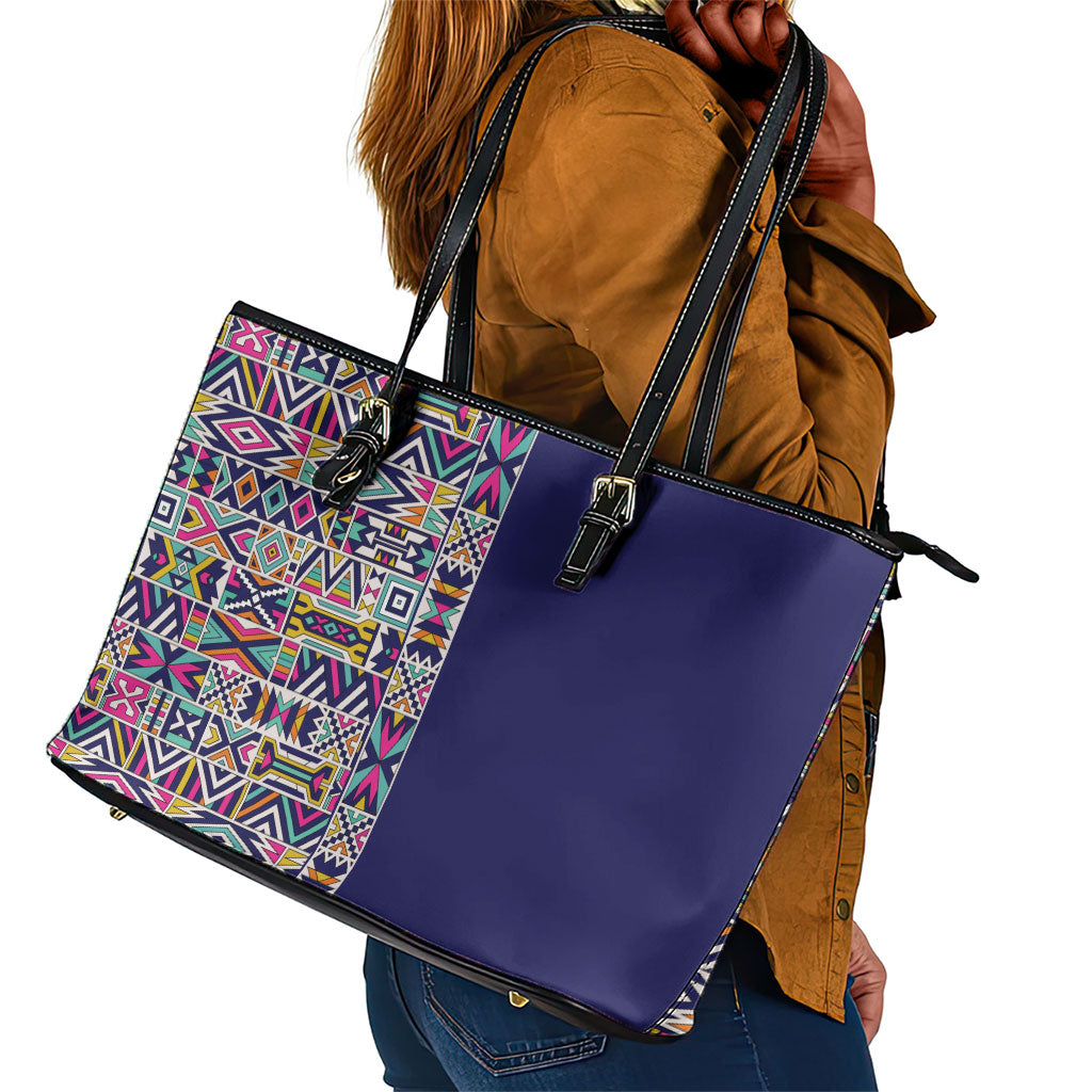 African Ndebele Art Patterns Leather Tote Bag Navy Blue Half Style