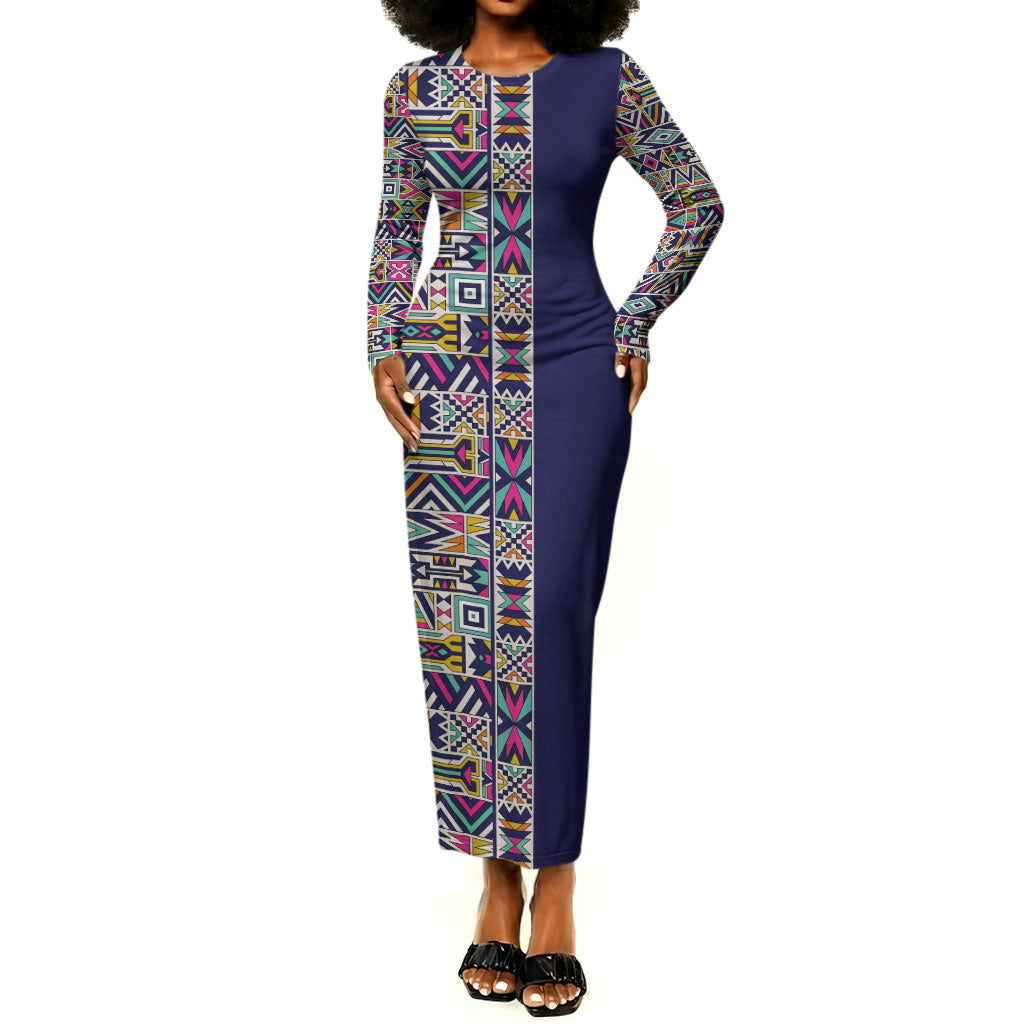African Ndebele Art Patterns Long Sleeve Bodycon Dress Navy Blue Half Style
