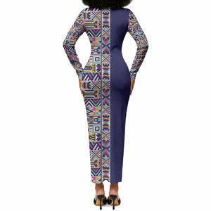 African Ndebele Art Patterns Long Sleeve Bodycon Dress Navy Blue Half Style