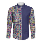 African Ndebele Art Patterns Long Sleeve Button Shirt Navy Blue Half Style