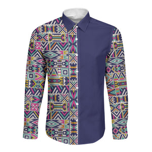 African Ndebele Art Patterns Long Sleeve Button Shirt Navy Blue Half Style